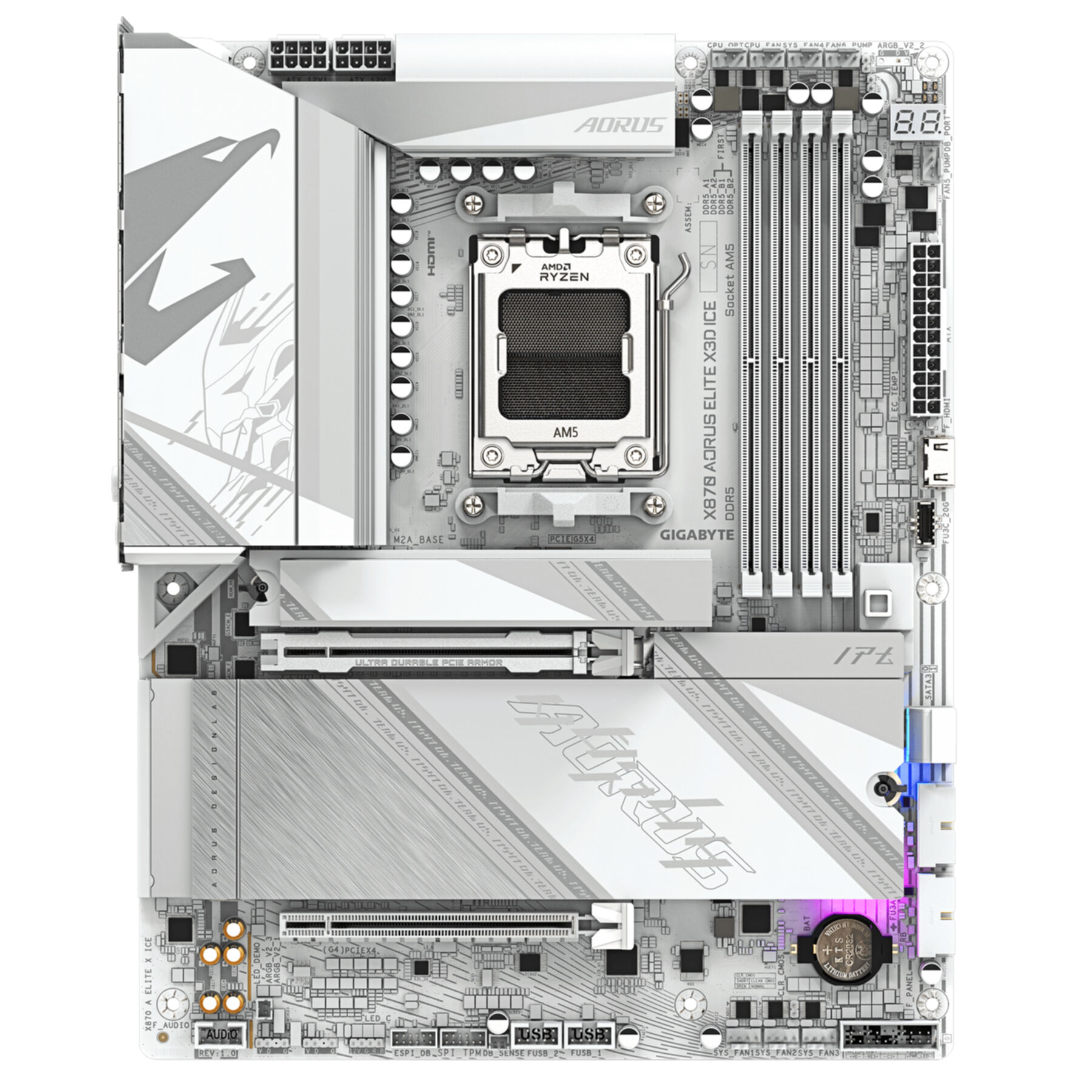 Une carte mère AORUS X870 blanche et grise. Elle possède un socket AMD Ryzen, des emplacements RAM et divers ports.