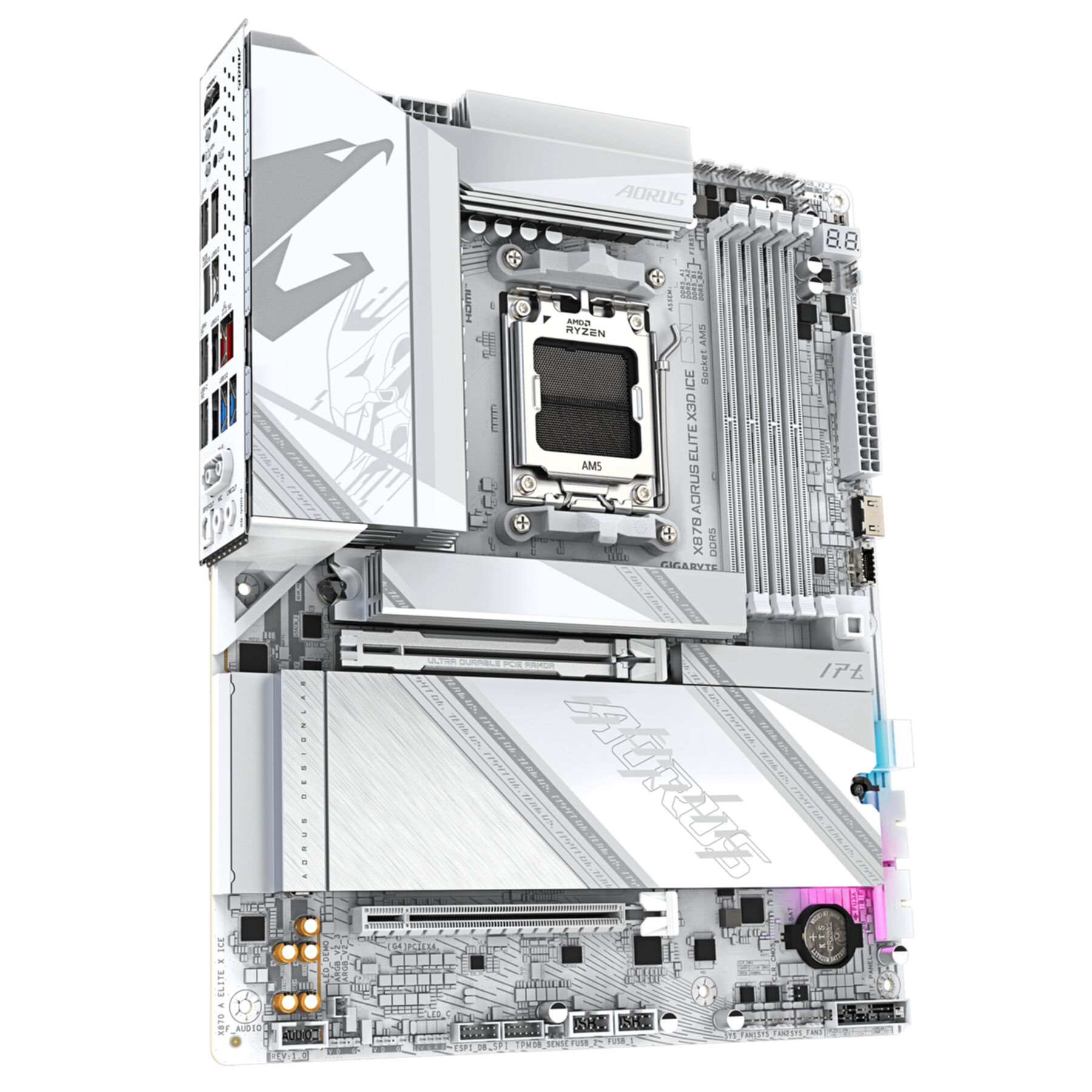 Une carte mère blanche AORUS X870 A ELITE X3D ICE avec socket Ryzen noir et divers connecteurs.