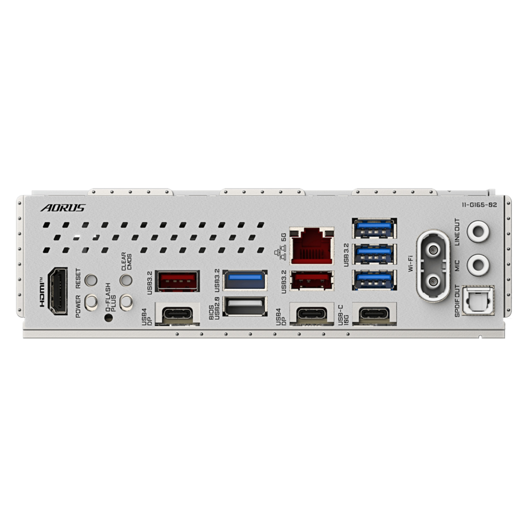 Panneau arrière de carte mère d'ordinateur avec plusieurs ports, dont HDMI, USB, prises audio et Wi-Fi.