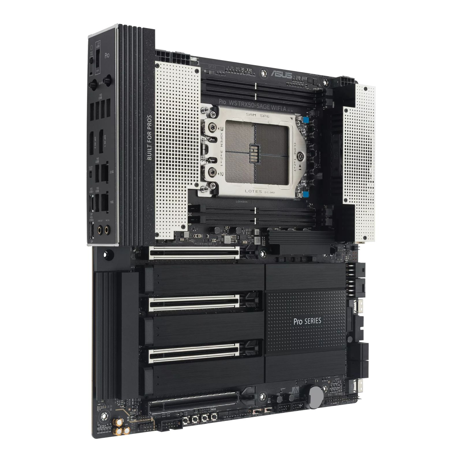 Een zwart en zilveren computer moederbord met diverse poorten, slots en het label 'Pro Series' zichtbaar.