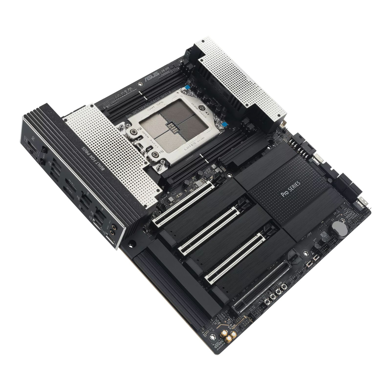 Een zwart en zilver ASUS Pro Series moederbord. Inclusief CPU-socket, slots en poorten. De achtergrond is wit.