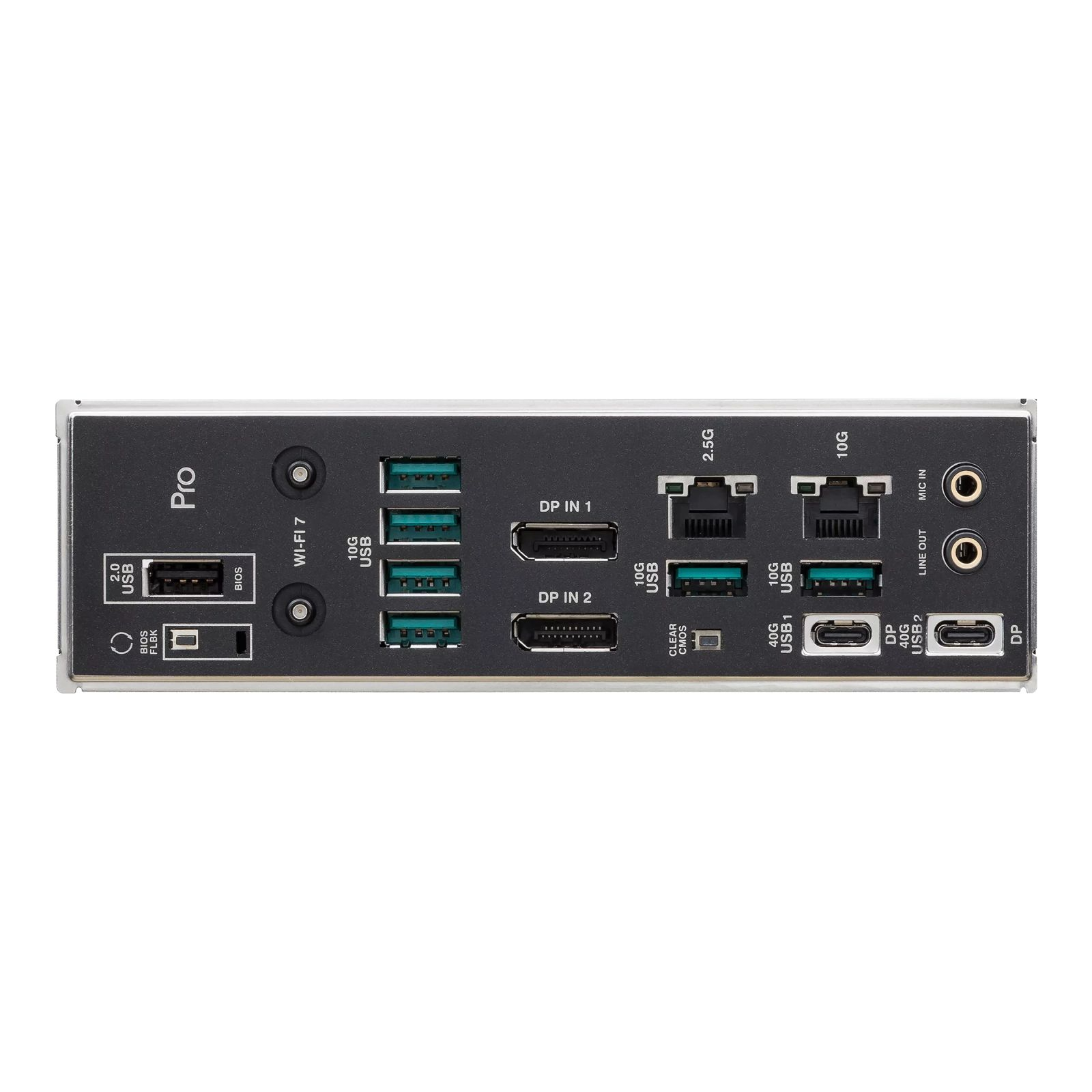 Een zwart Pro-apparaat achterpaneel met meerdere poorten, waaronder USB, DP en Ethernet. Tekstlabels identificeren elke poort.