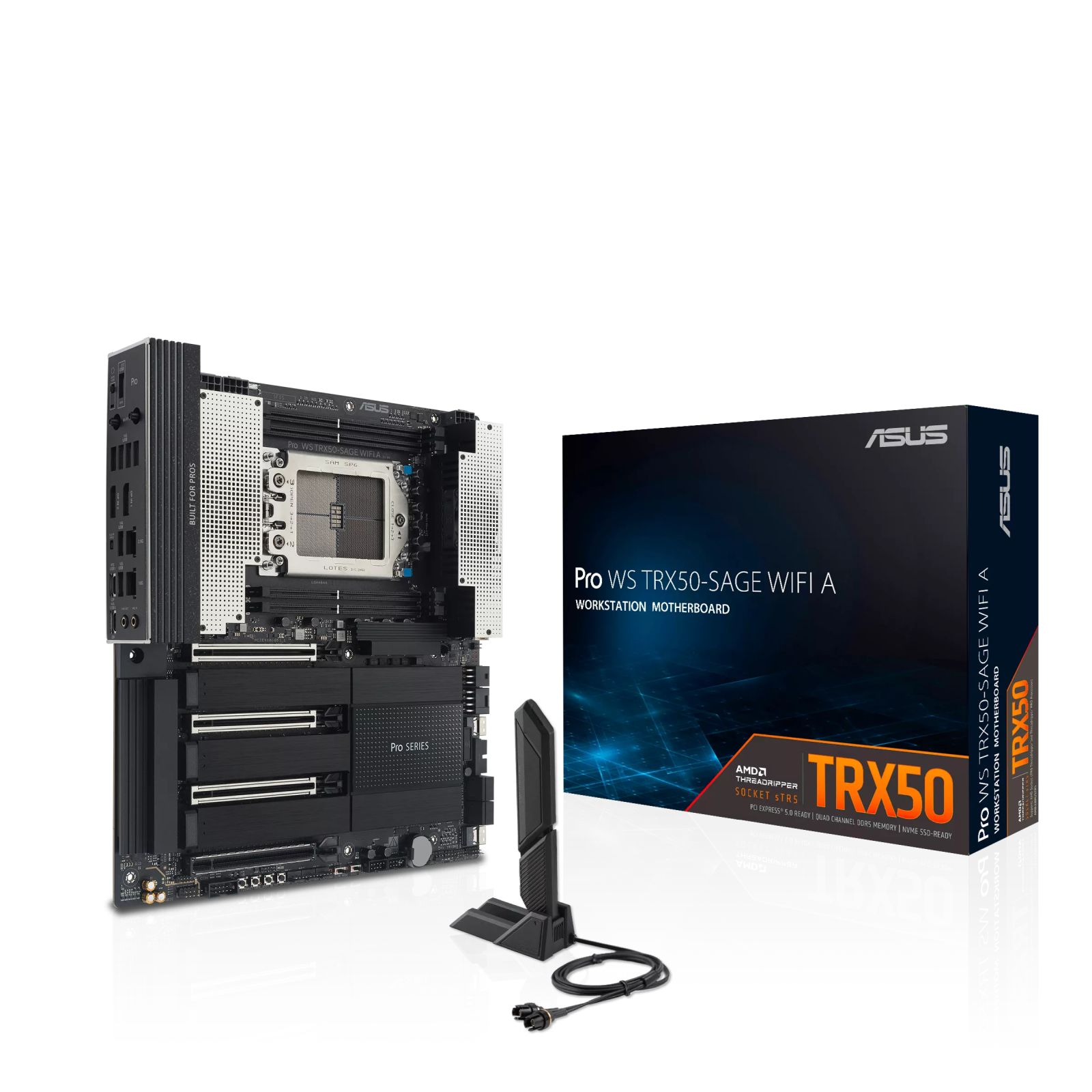 Een Asus Pro WS TRX50 moederbord met een AMD Threadripper CPU, een doos en twee antennes worden getoond.