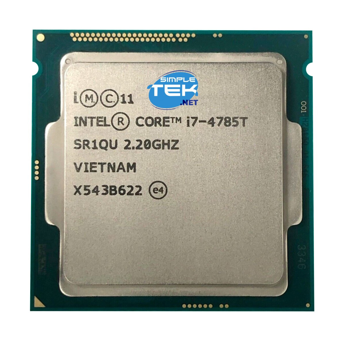 Primo piano di un processore per computer con testo. Il processore è argentato con bordi neri e verdi. Il testo include 'Intel Core i7'.