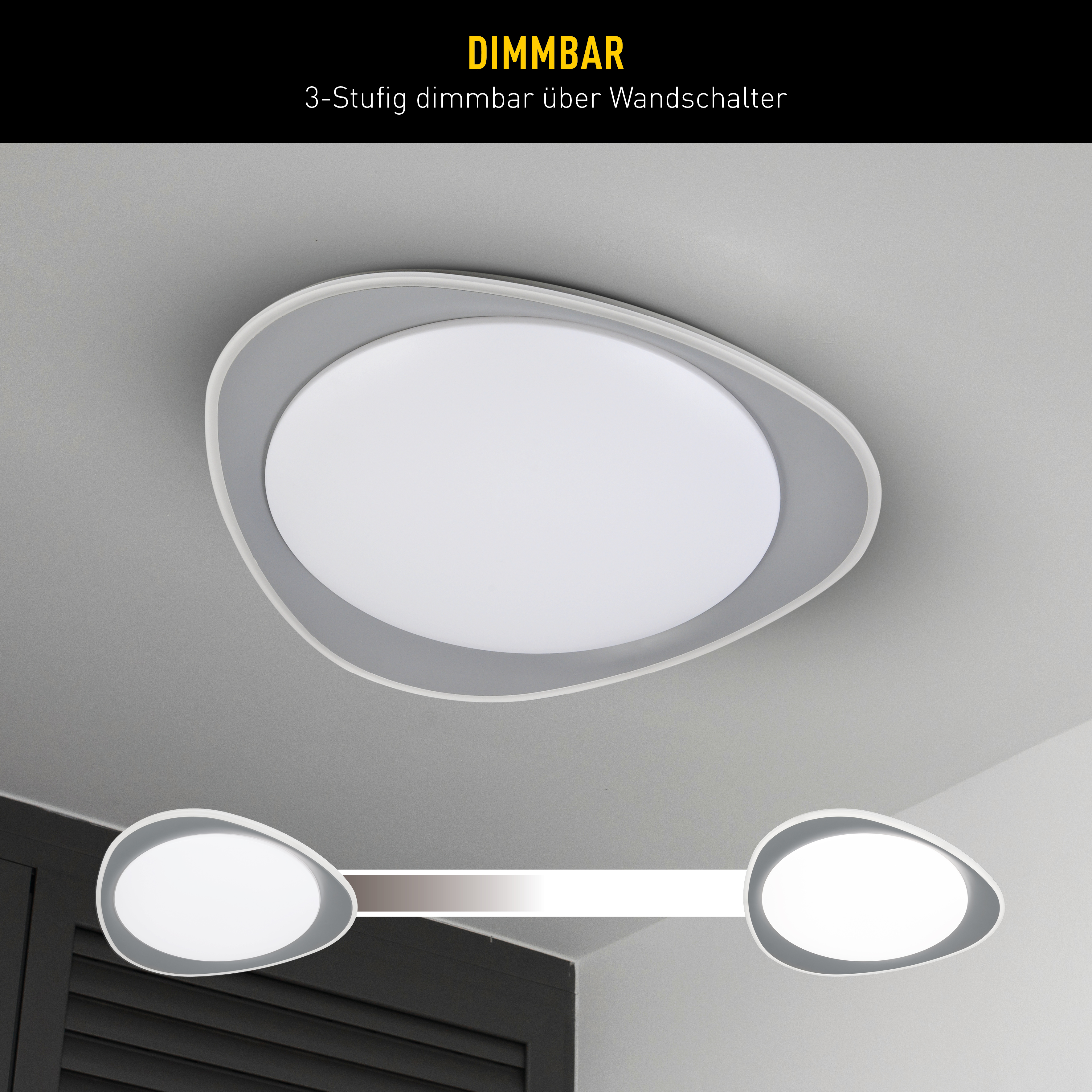 Moderne, dimmbare Deckenleuchte mit ovalen Schirmen. Graue Verkleidung, weißes Licht, graue Decke.