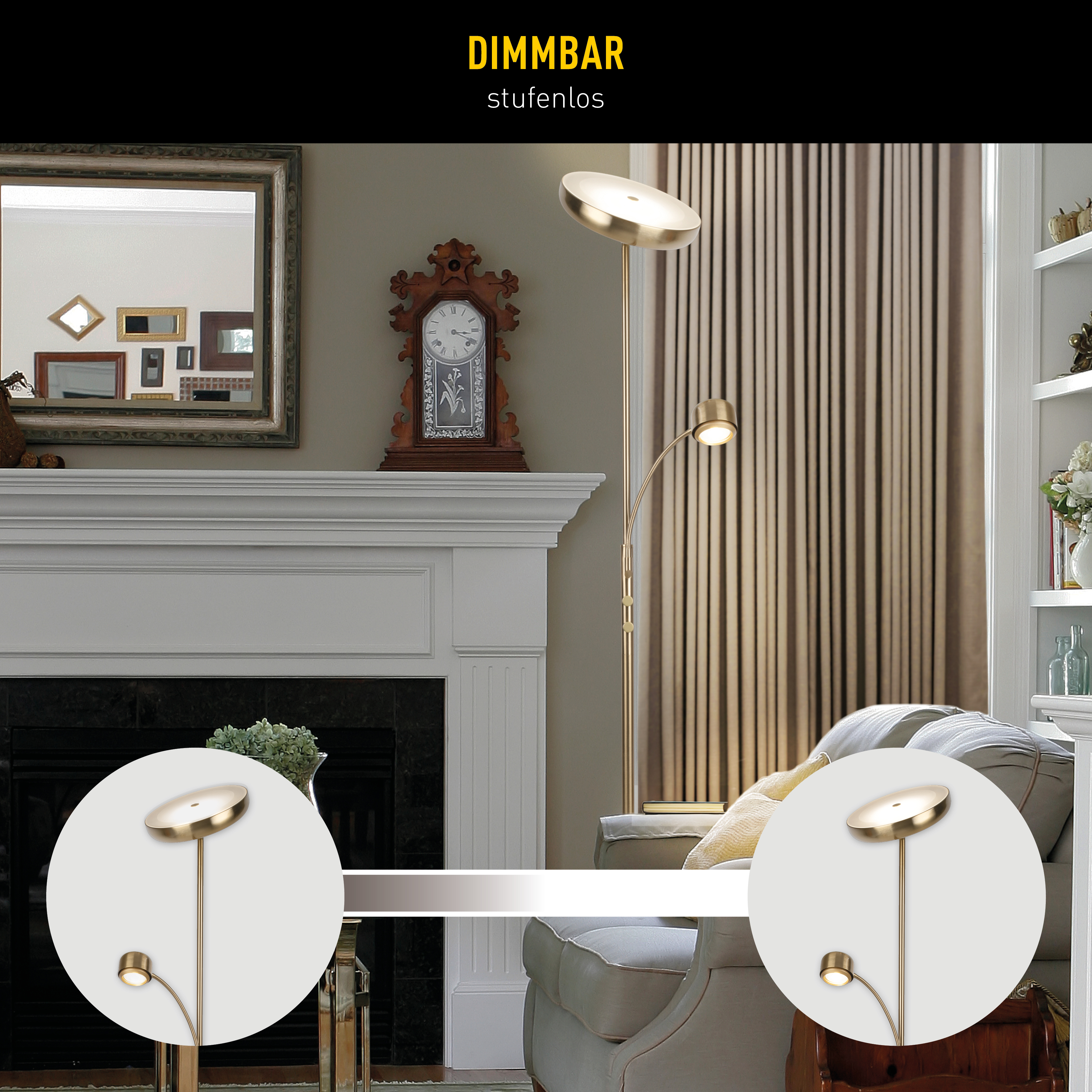Eine goldene Lampe mit zwei Lichtern steht in der Nähe eines weißen Kamins, einer Uhr und eines Spiegels. Im Hintergrund befinden sich ein Sofa und Vorhänge.
