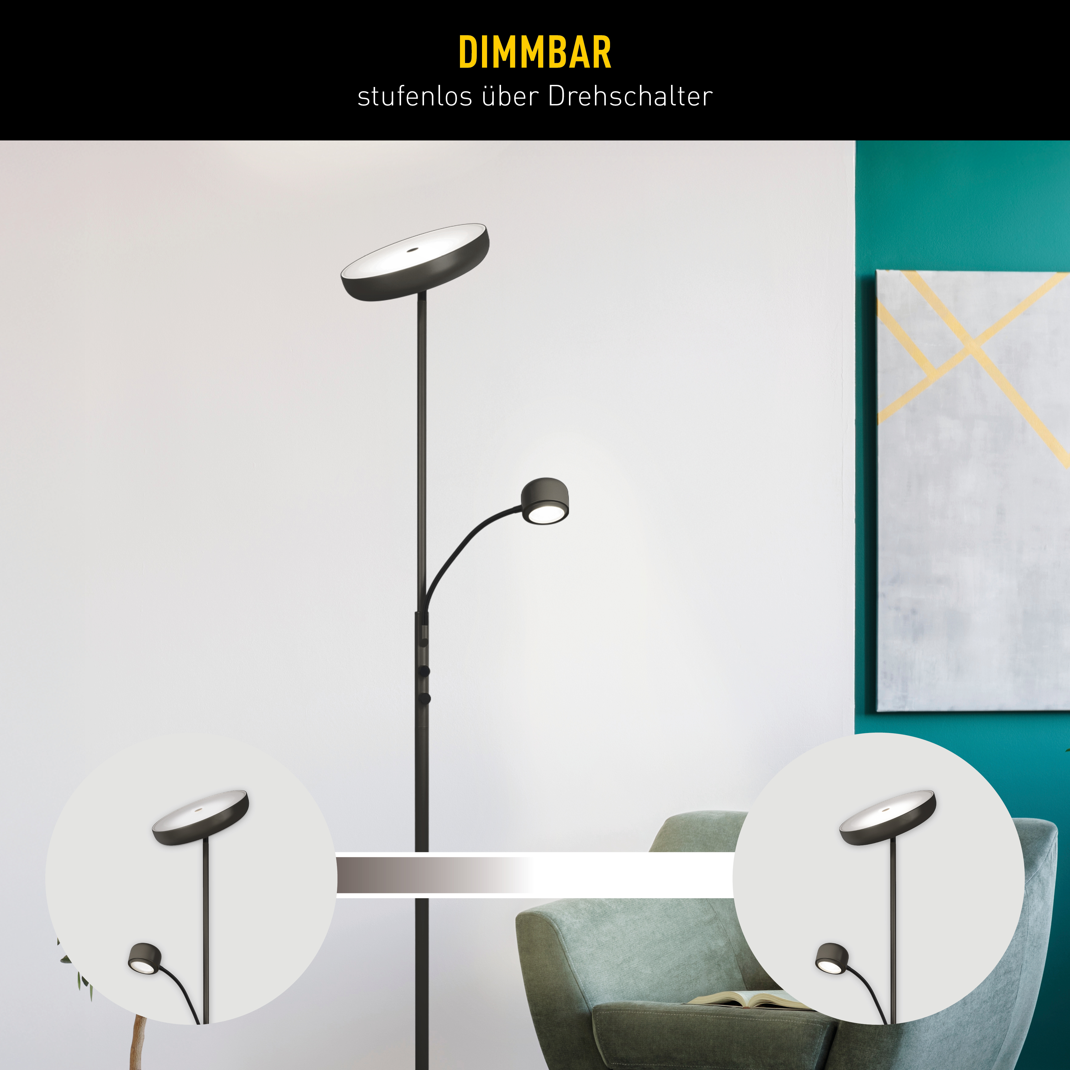 Eine schwarze Stehlampe mit zwei Lichtern. Im Hintergrund steht ein grüner Sessel. An der Wand hängt ein Gemälde.