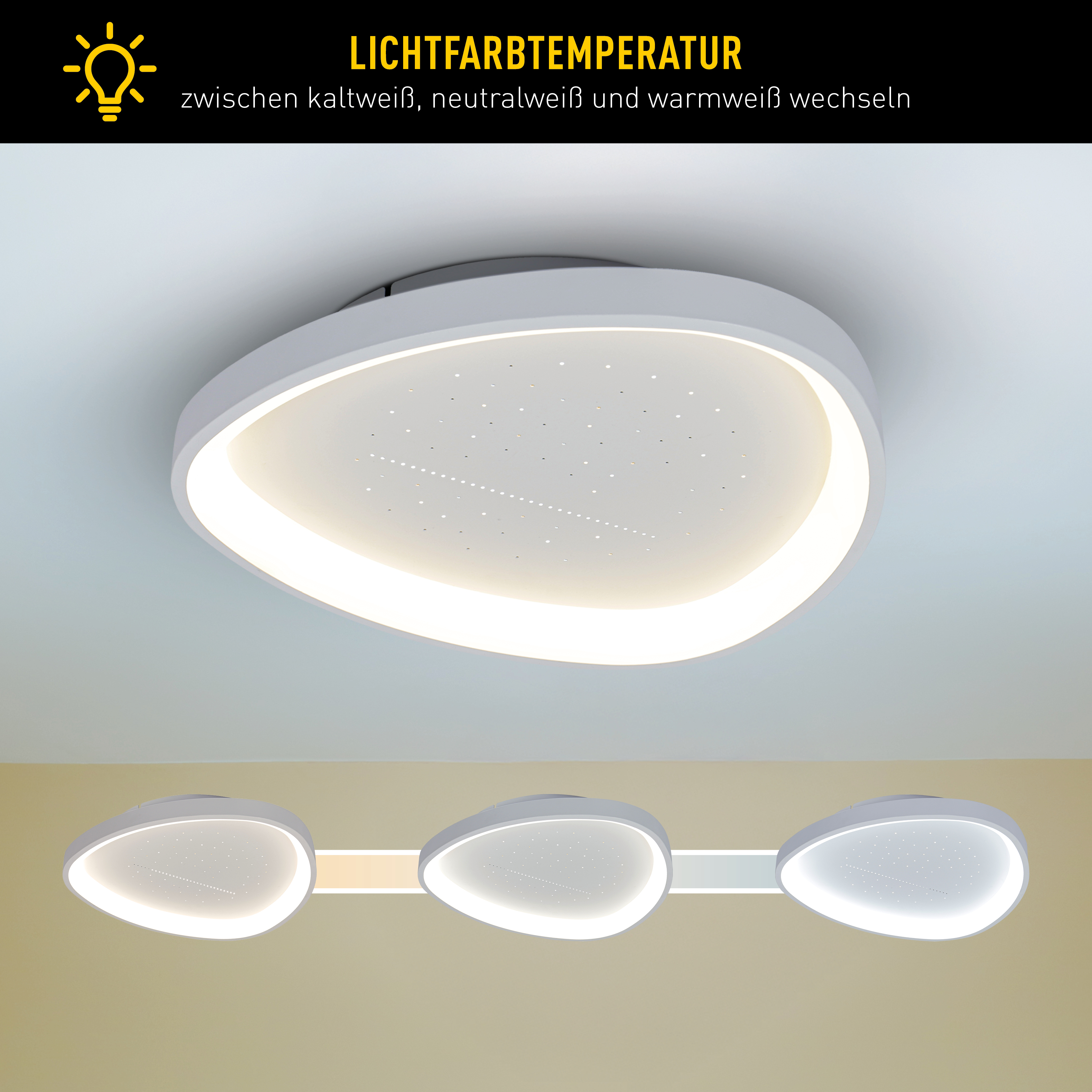Eine moderne Deckenleuchte mit einstellbarer Farbtemperatur, die verschiedene Lichteinstellungen und ein sauberes Design zeigt.