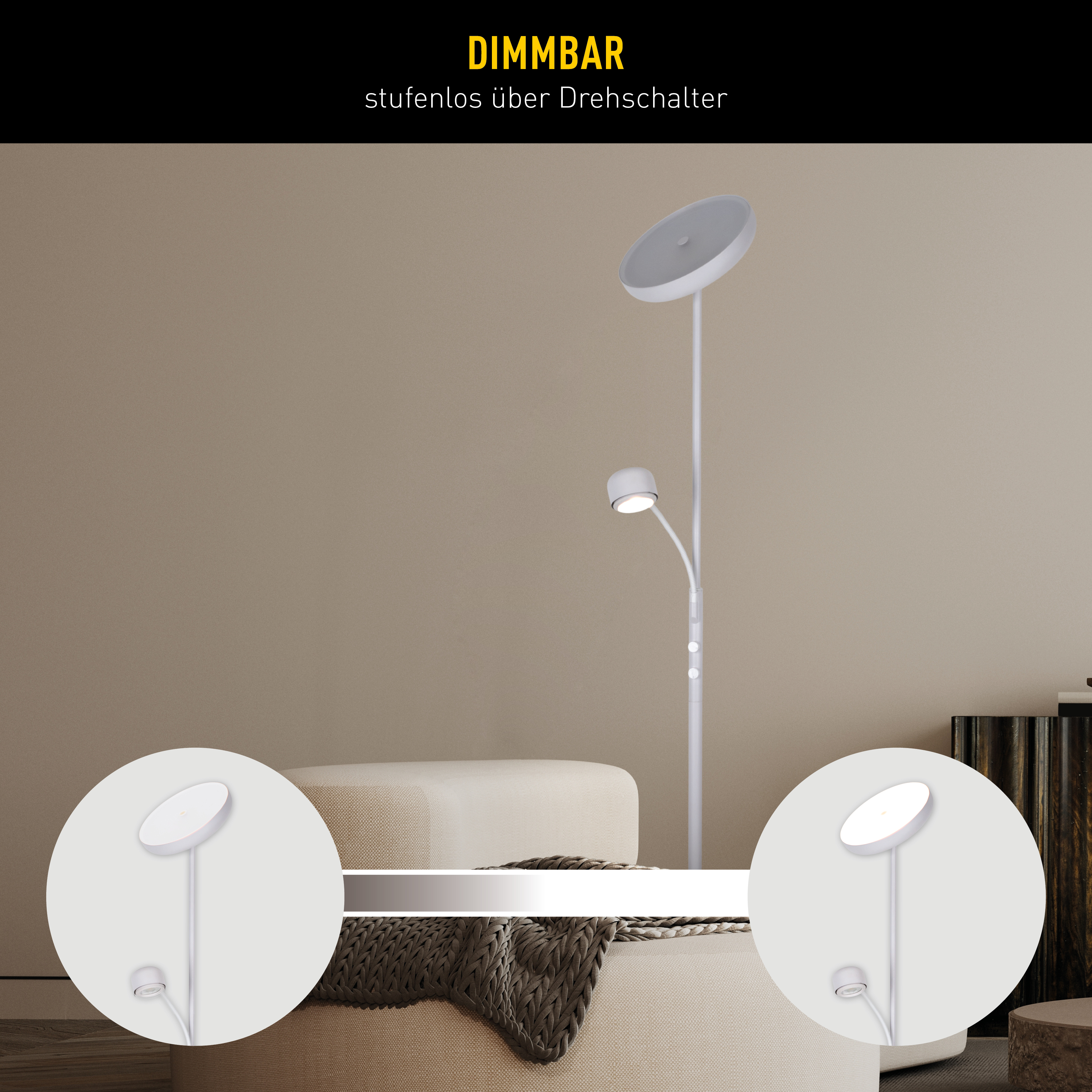 Eine weiße moderne Stehlampe mit zwei Lichtern, einem großen runden Kopf und einem kleineren verstellbaren Kopf. Der Hintergrund ist eine beige Wand.