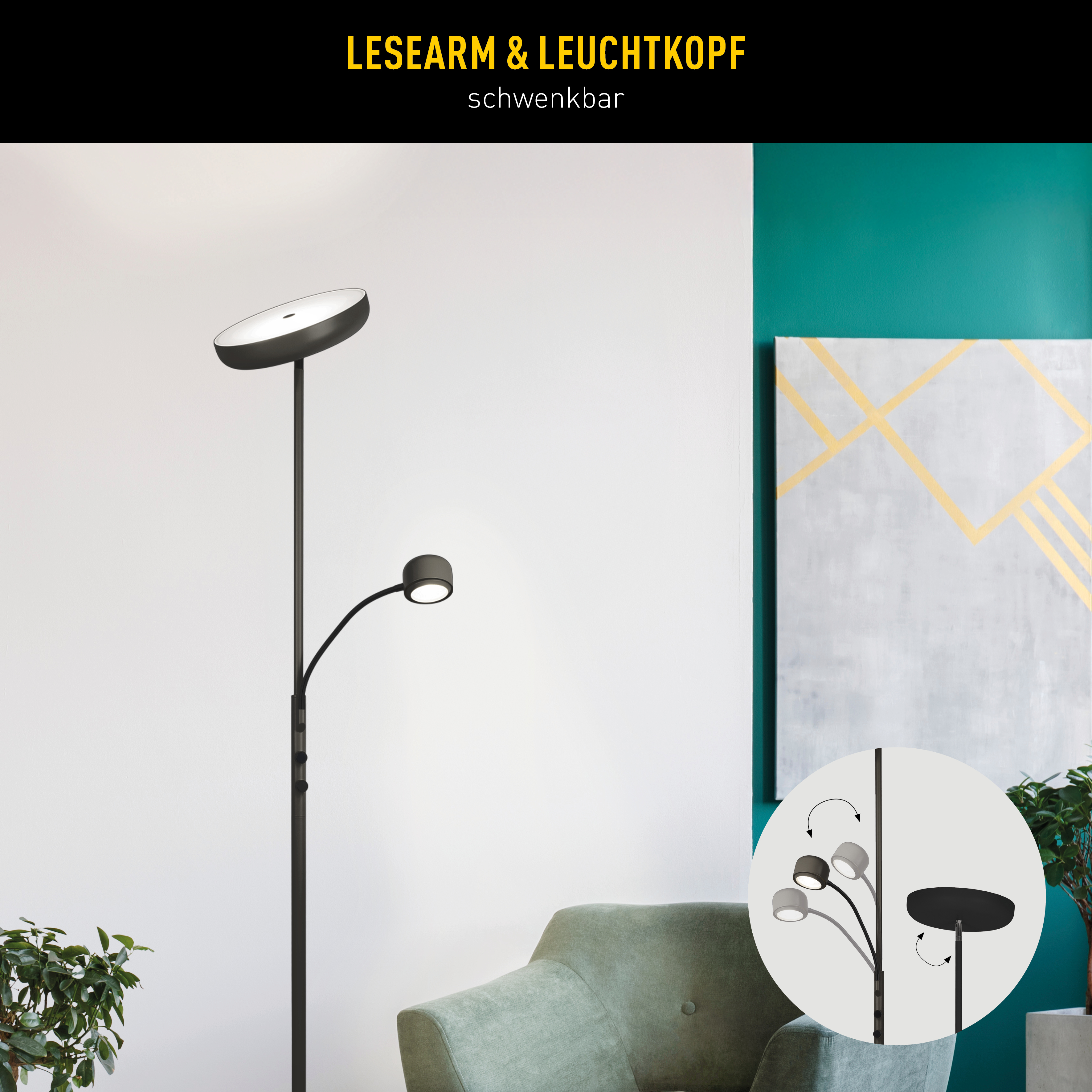 Eine schwarze Stehlampe mit zwei verstellbaren Lichtern steht vor einer weißen Wand, in der Nähe eines grünen Stuhls.