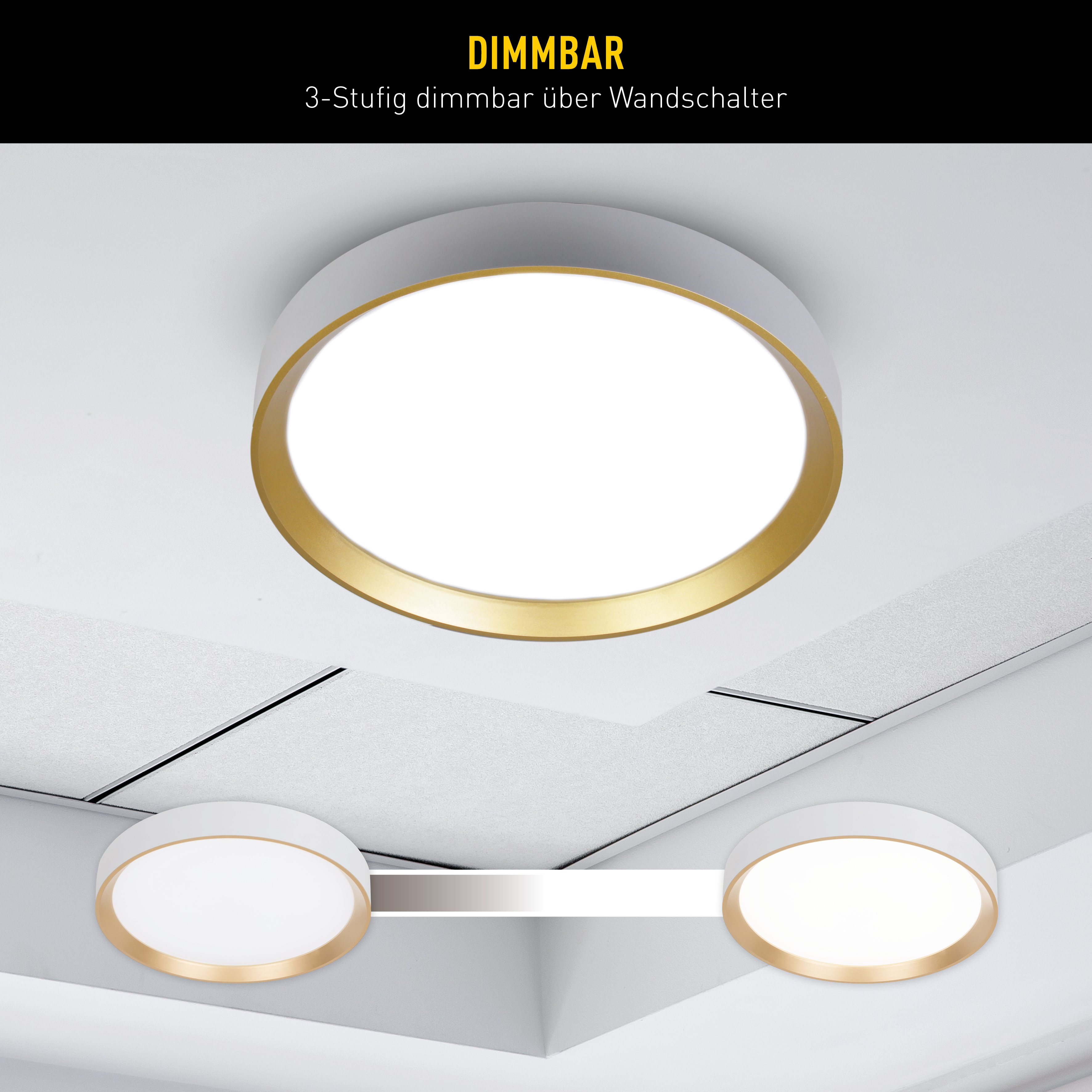 Deckenleuchte mit weißen und goldenen Akzenten. Das Licht ist kreisförmig und dimmbar. Darunter befinden sich drei kleinere Lichter.