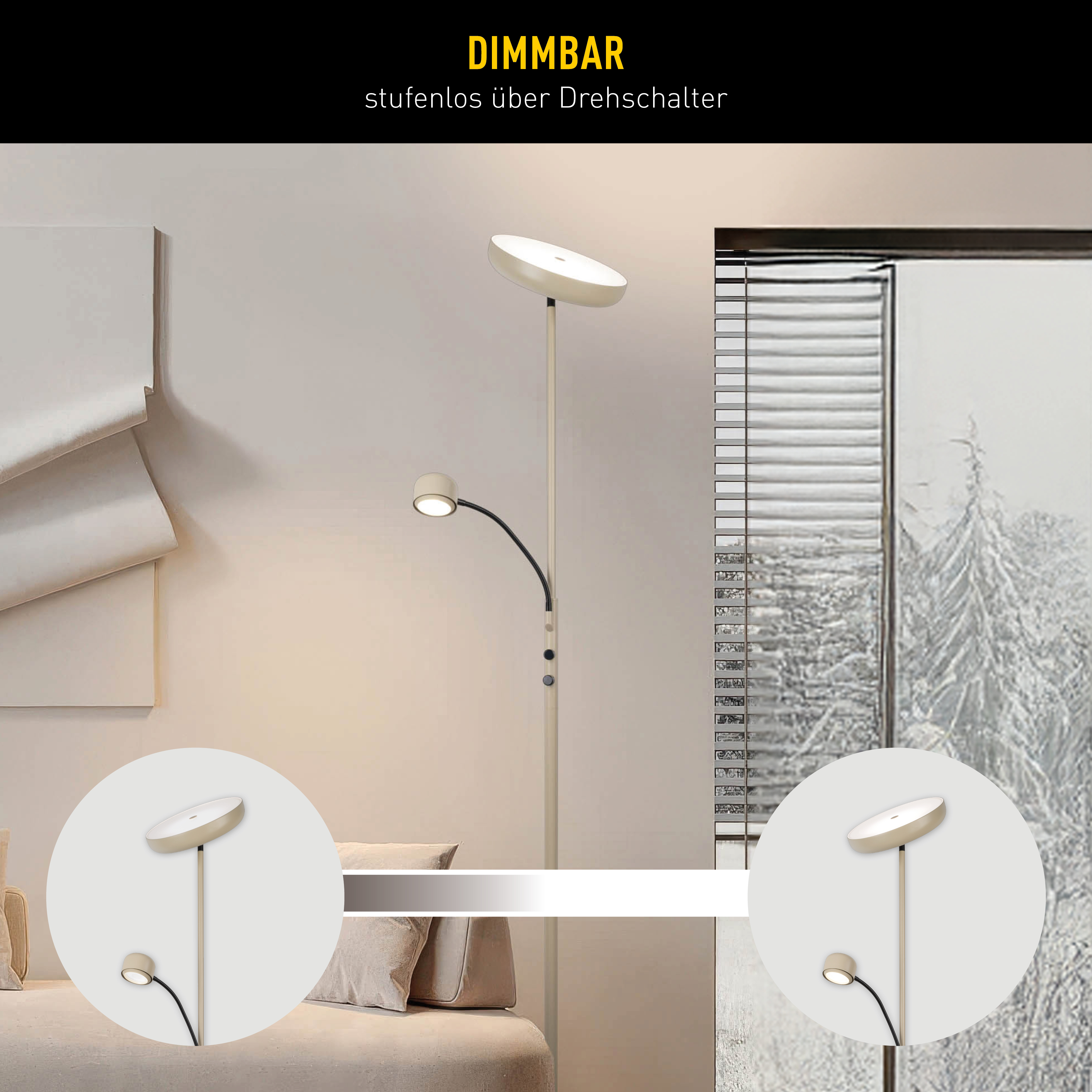 Eine Stehlampe mit zwei Lichtern, einem großen runden und einem kleineren, in einer modernen Raumeinstellung.