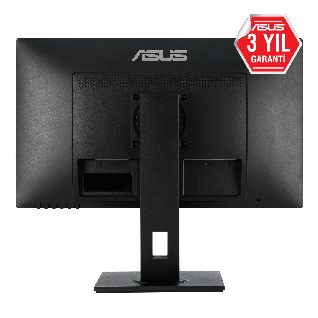 Tył monitora ASUS z czarną ramką i podstawką. Naklejka w prawym górnym rogu mówi '3 YIL GARANTI'.