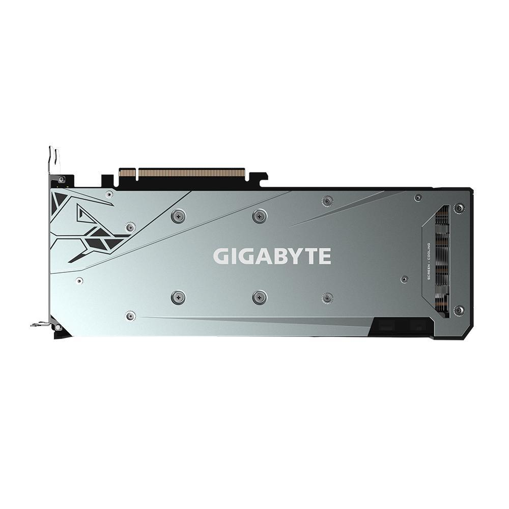 Eine silberne Gigabyte-Grafikkarte. Zu den Merkmalen gehören eine schwarze Oberkante, ein silbernes Gehäuse und der Schriftzug 'GIGABYTE'.
