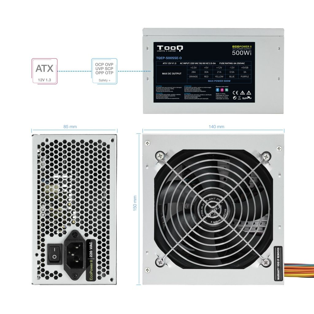 Una fuente de alimentación ATX con etiquetas que muestran especificaciones y dimensiones. Incluye un ventilador y conectores de alimentación.
