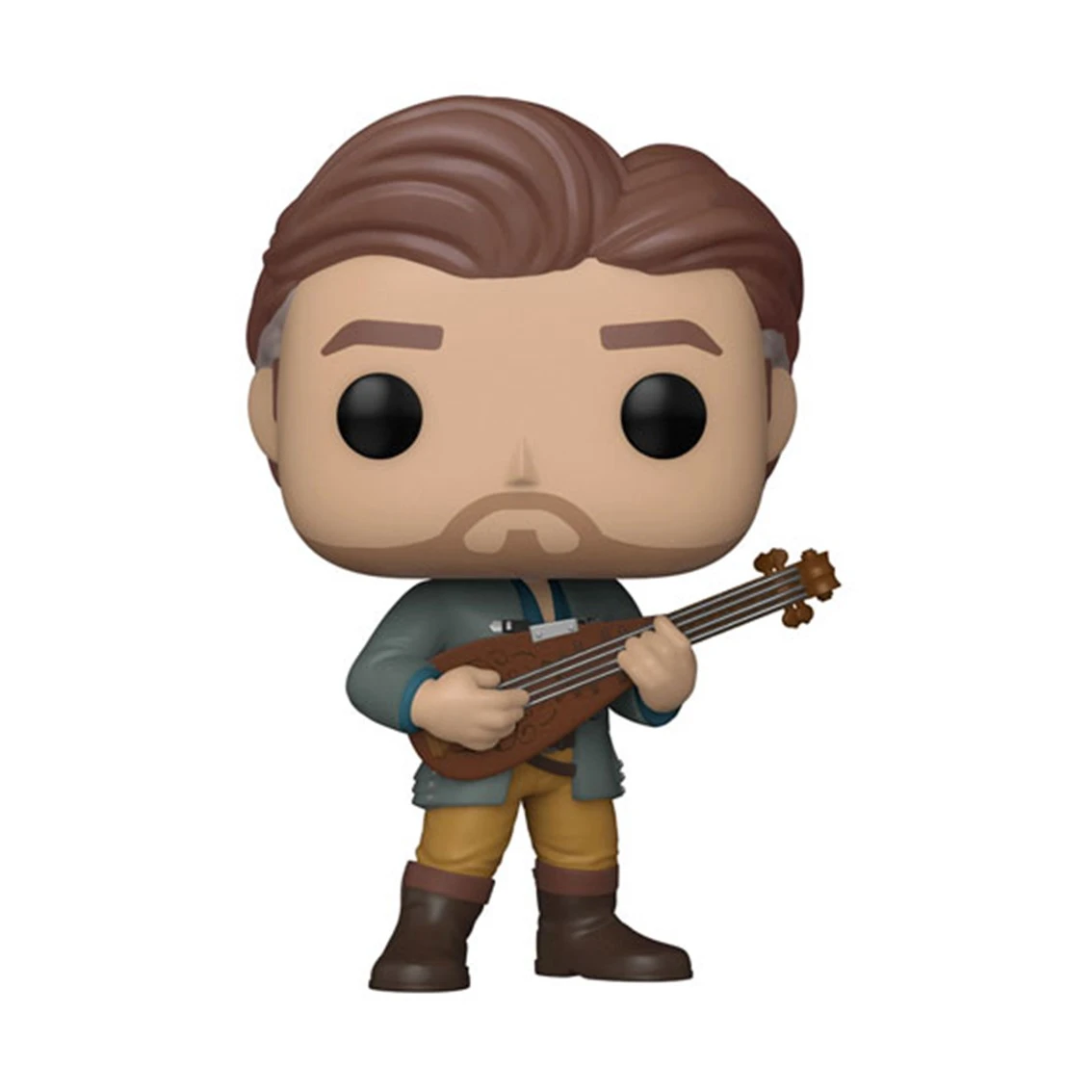 Funko Pop Figur einer männlichen Figur mit braunen Haaren, Bart und einer kleinen Laute. Er trägt ein grünes Hemd, gelbe Hose und braune Stiefel.