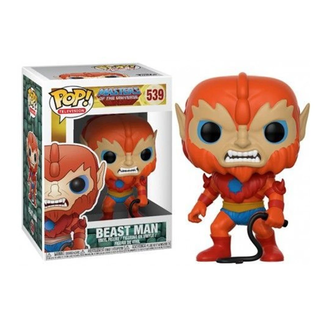 Una figura de Funko Pop de Beast Man. Tiene pelaje naranja, pantalones cortos azules y un cofre rojo. Una caja con la misma figura está a la izquierda.