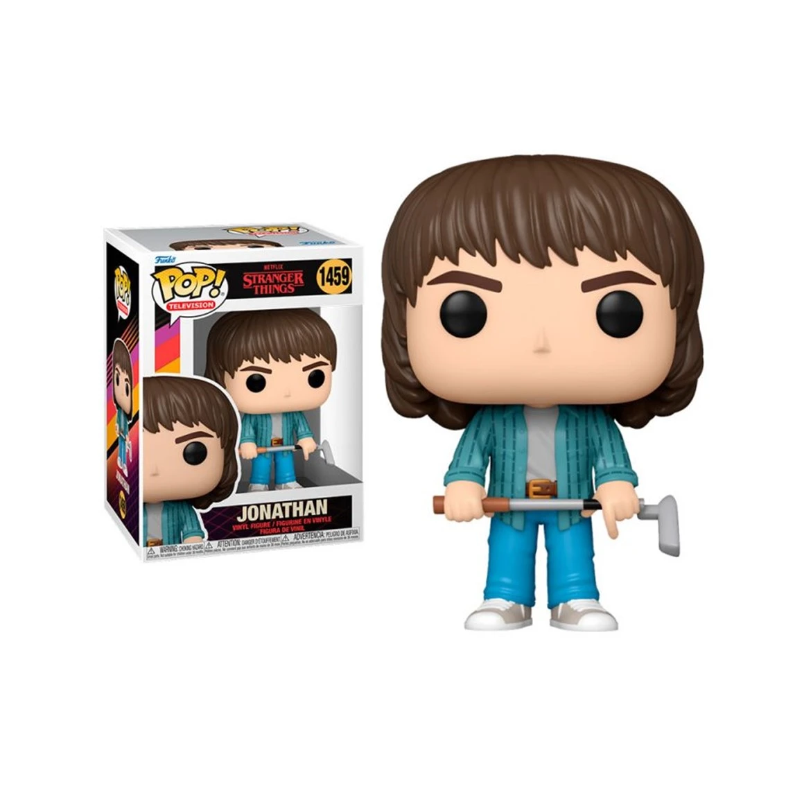 Figurka Funko Pop Jonathana ze Stranger Things. Ma brązowe włosy, niebieską koszulę i trzyma narzędzie. Po lewej stronie jest pudełko.