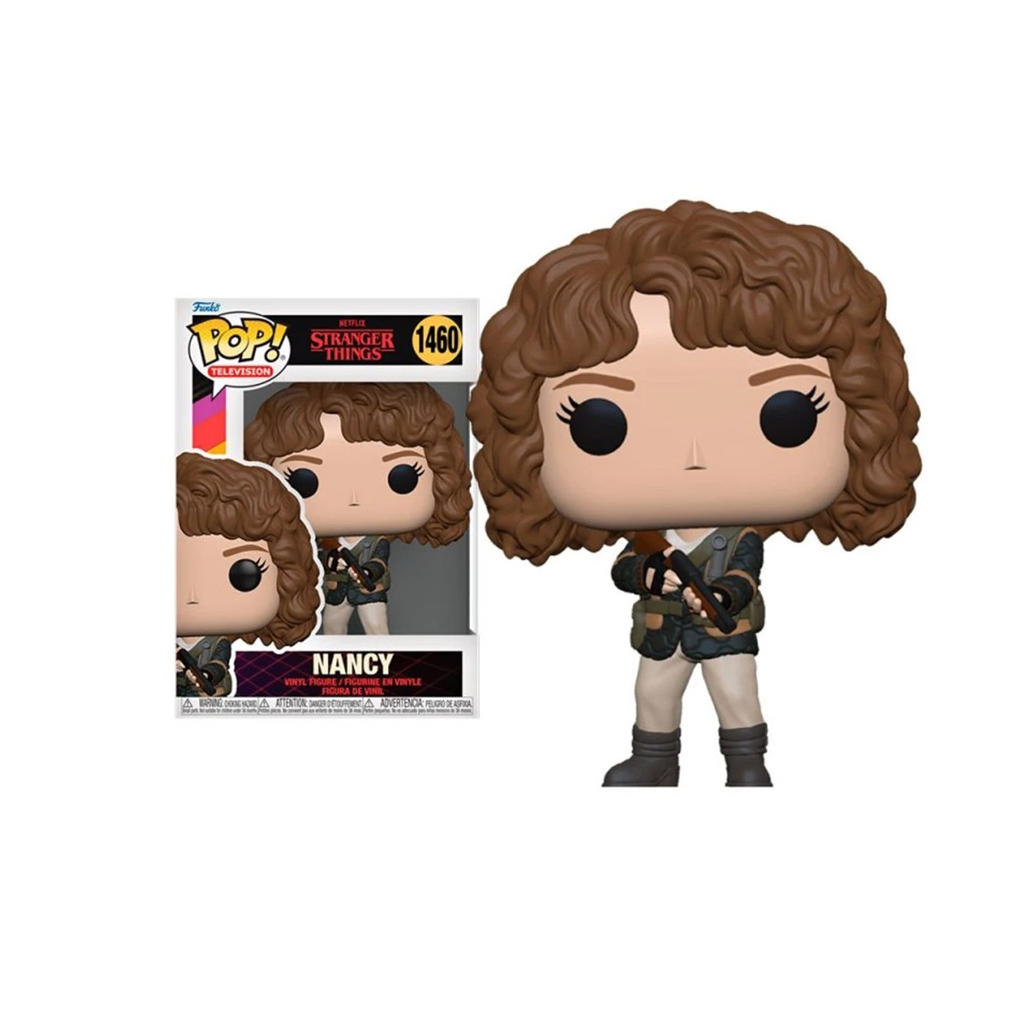 Figurka Funko Pop Nancy z Stranger Things, trzymająca karabin. Ma brązowe włosy i nosi strój w stylu wojskowym.