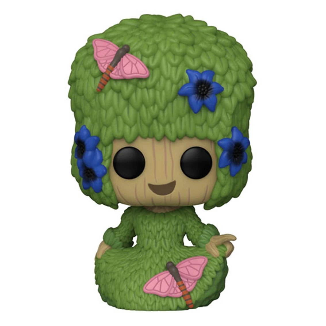 Eine Funko Pop-Figur einer baumartigen Figur. Sie hat einen grünen, blattartigen Kopf und ein Kleid mit blauen Blumen und rosa Schmetterlingen.