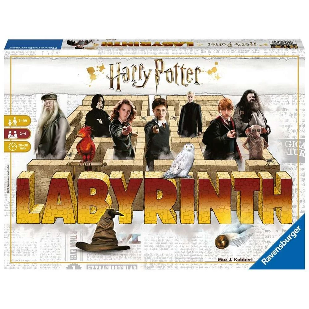 Harry Potter Labyrinth Brettspielbox. Charaktere wie Harry, Hermine, Dumbledore und andere sind abgebildet. Der Titel ist prominent.