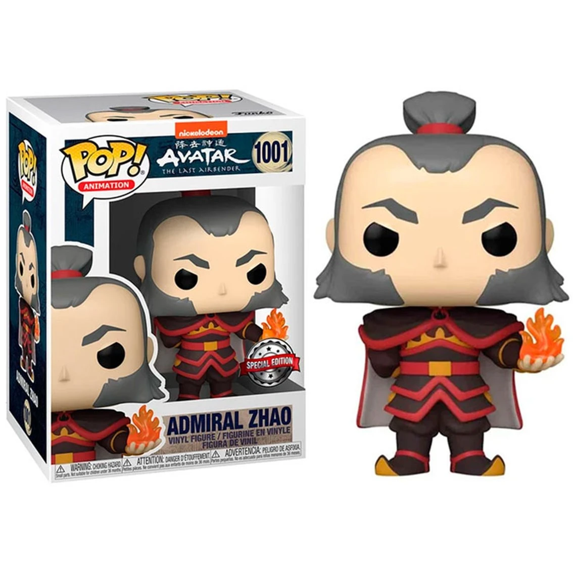 Figurka Pop! Admirała Zhao z Avatar: The Last Airbender. Trzyma płomień, ma na sobie ciemną zbroję i stoi obok pudełka.