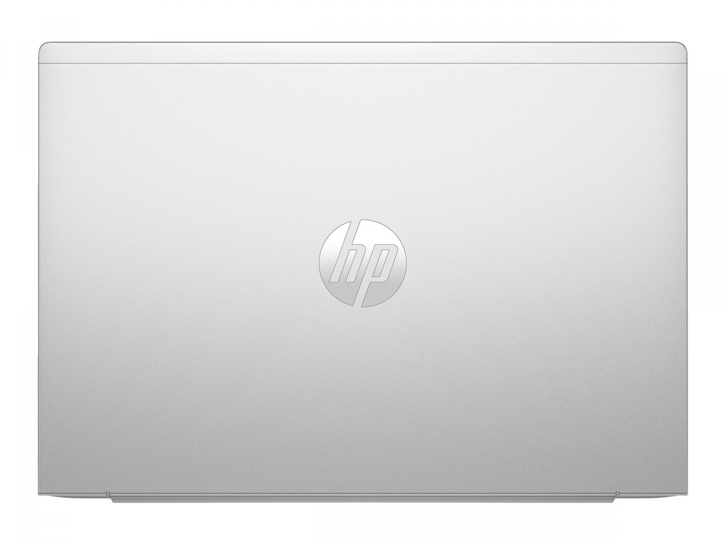Ein silberner HP-Laptopdeckel mit dem HP-Logo in der Mitte. Der Deckel ist eine durchgehende, reflektierende Oberfläche.