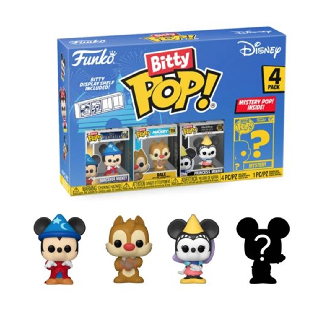 Un set di scatole Funko Bitty Pop! con Topolino apprendista, Dale, Principessa Minnie e una figura misteriosa. La scatola è blu con il marchio Disney.