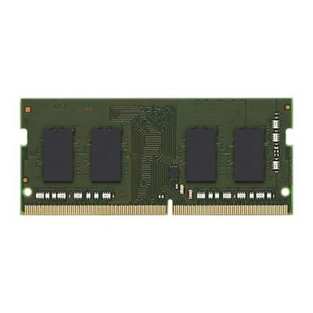 Ein grüner RAM-Riegel mit schwarzen Chips und goldenen Anschlüssen, zentriert auf weißem Hintergrund. Es ist eine Nahaufnahme.