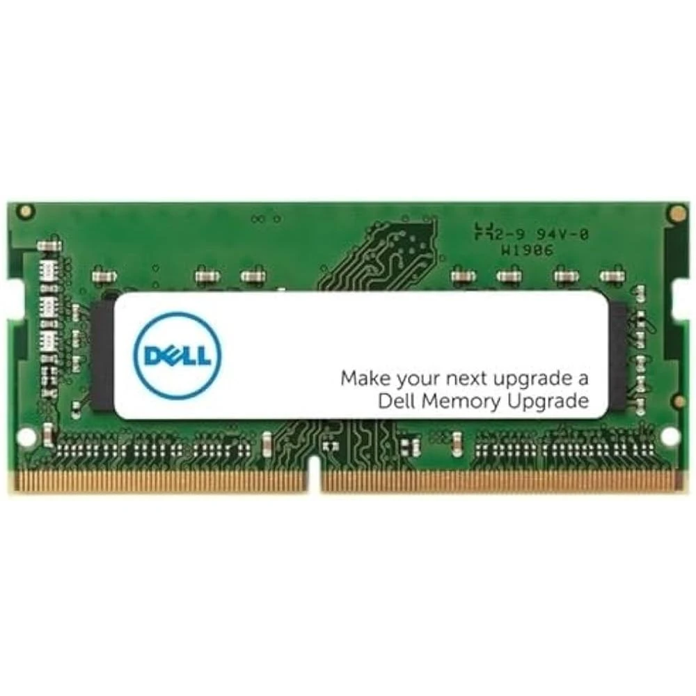 Een groene Dell geheugen upgrade module. Het heeft een witte sticker met het Dell logo en de tekst: Maak van je volgende upgrade een Dell Memory Upgrade.
