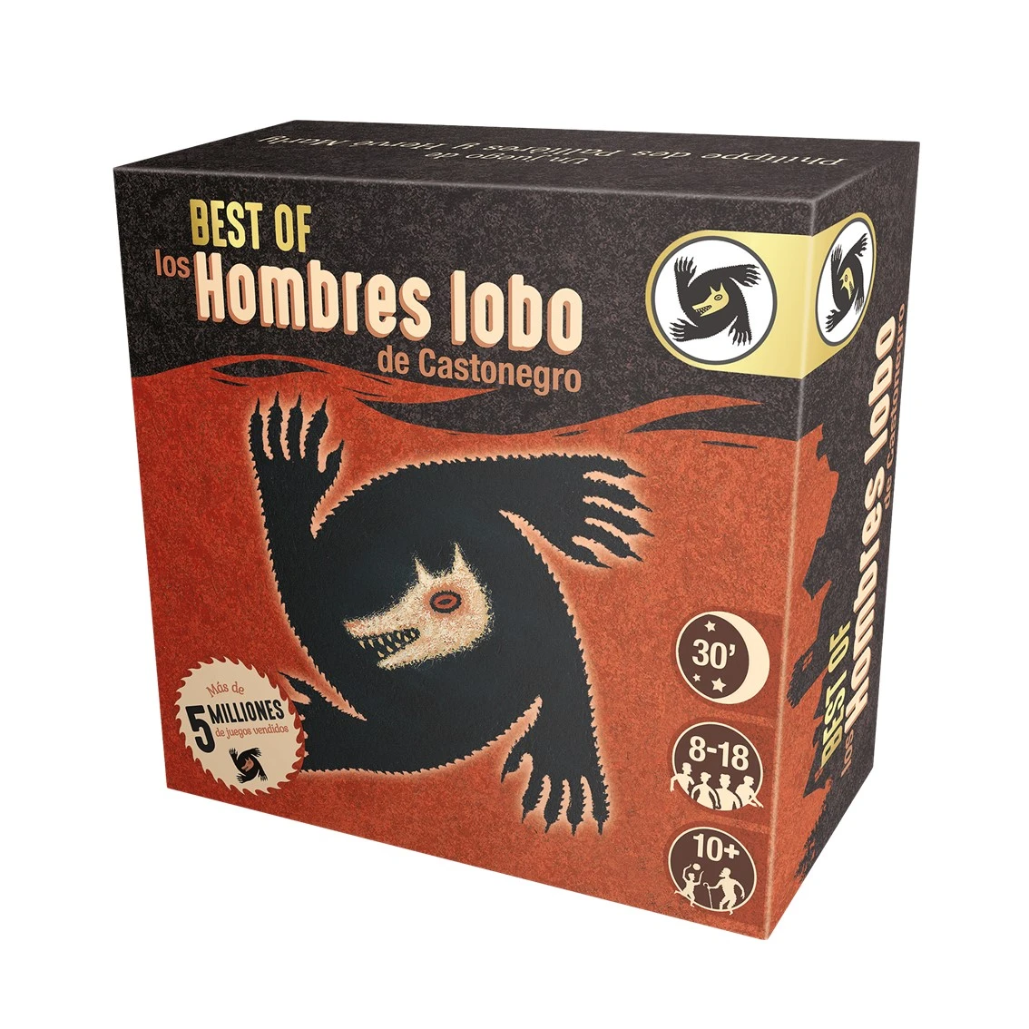Arte de la caja de 'Best of Los Hombres Lobo'. Presenta una silueta negra de hombre lobo sobre fondo rojo. Texto en español. Fondo blanco.