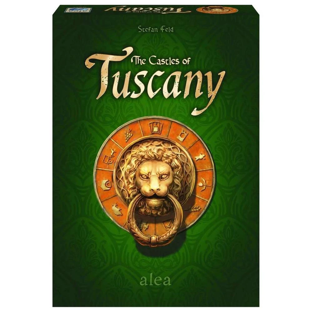 Spielbox mit dem Titel "The Castles of Tuscany". Sie zeigt einen Löwen-Türklopfer auf grünem Hintergrund mit dekorativen Mustern.