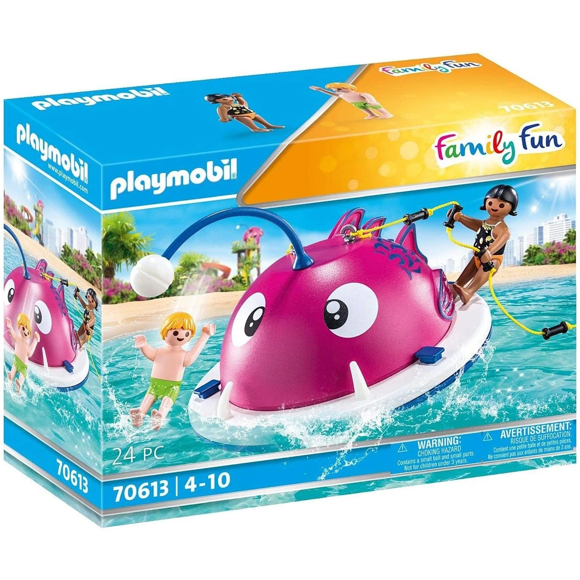 Zestaw pudełkowy Playmobil. Pokazuje różową zabawkę w postaci stworzenia morskiego z ludźmi w wodzie. Są inne figurki i pudełko.
