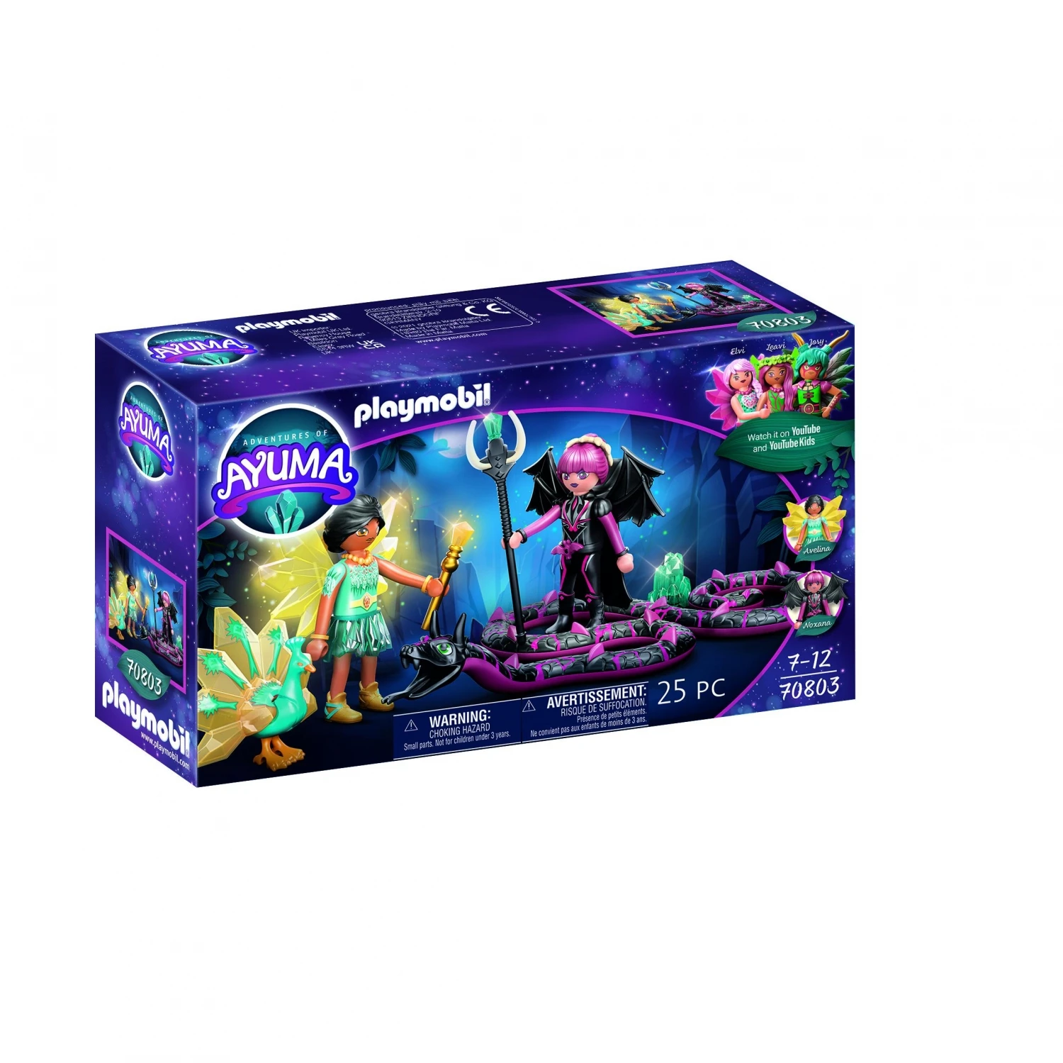 Scatola del set Playmobil Ayuma. Mostra figure, tra cui fate e una figura oscura con ali. È presente un avvertimento per piccole parti.