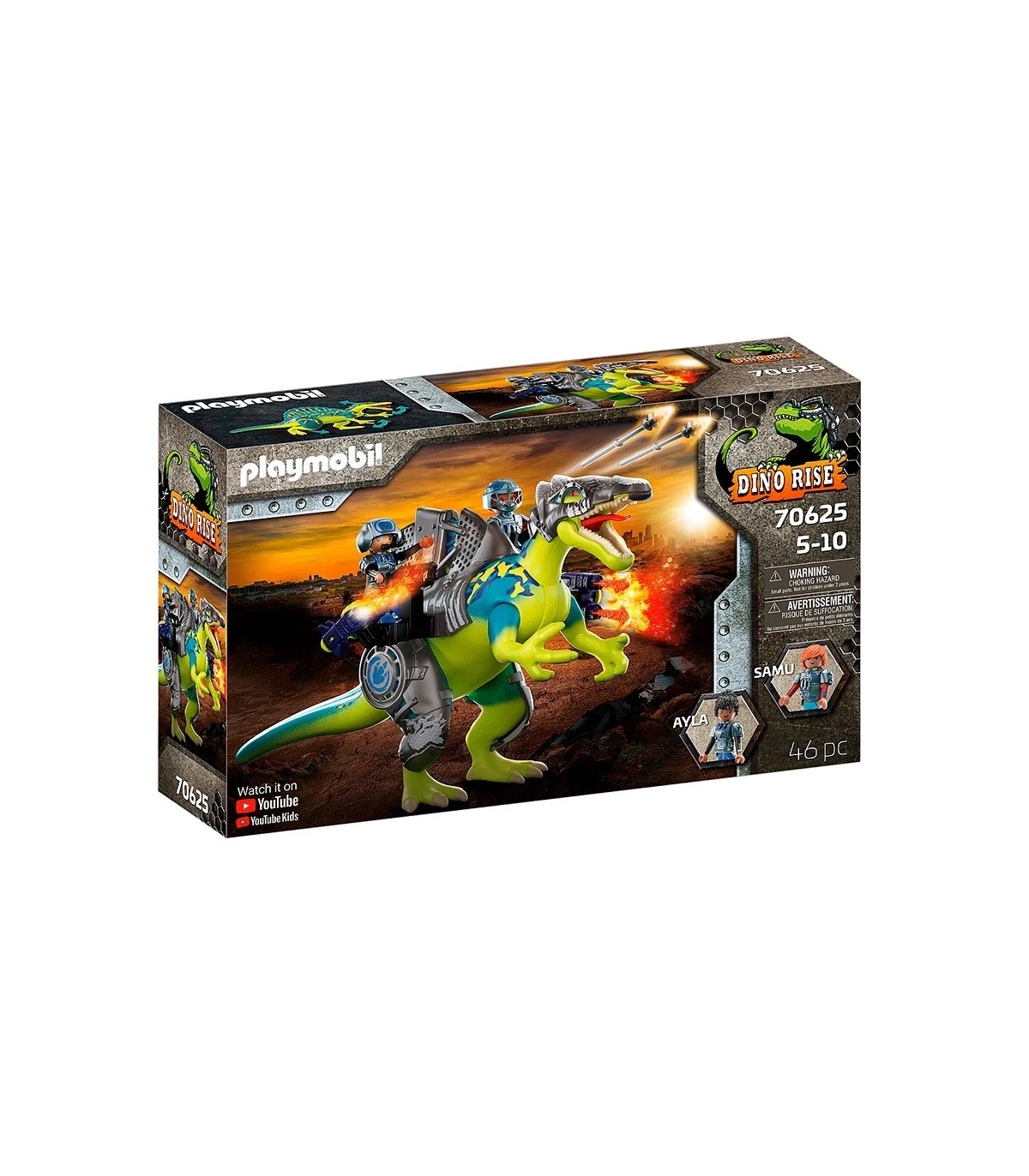 Scatola Playmobil Dino Rise. Un dinosauro verde e blu con cavalieri, spara fuoco, e il logo 'Playmobil'.