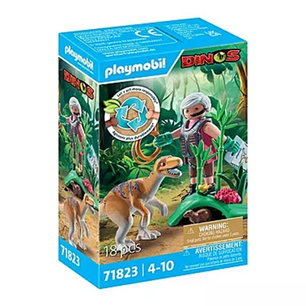 Pudełko Playmobil Dinos. Zawiera zabawkę dinozaura, figurkę i pudełko. Tło przedstawia scenę w dżungli.