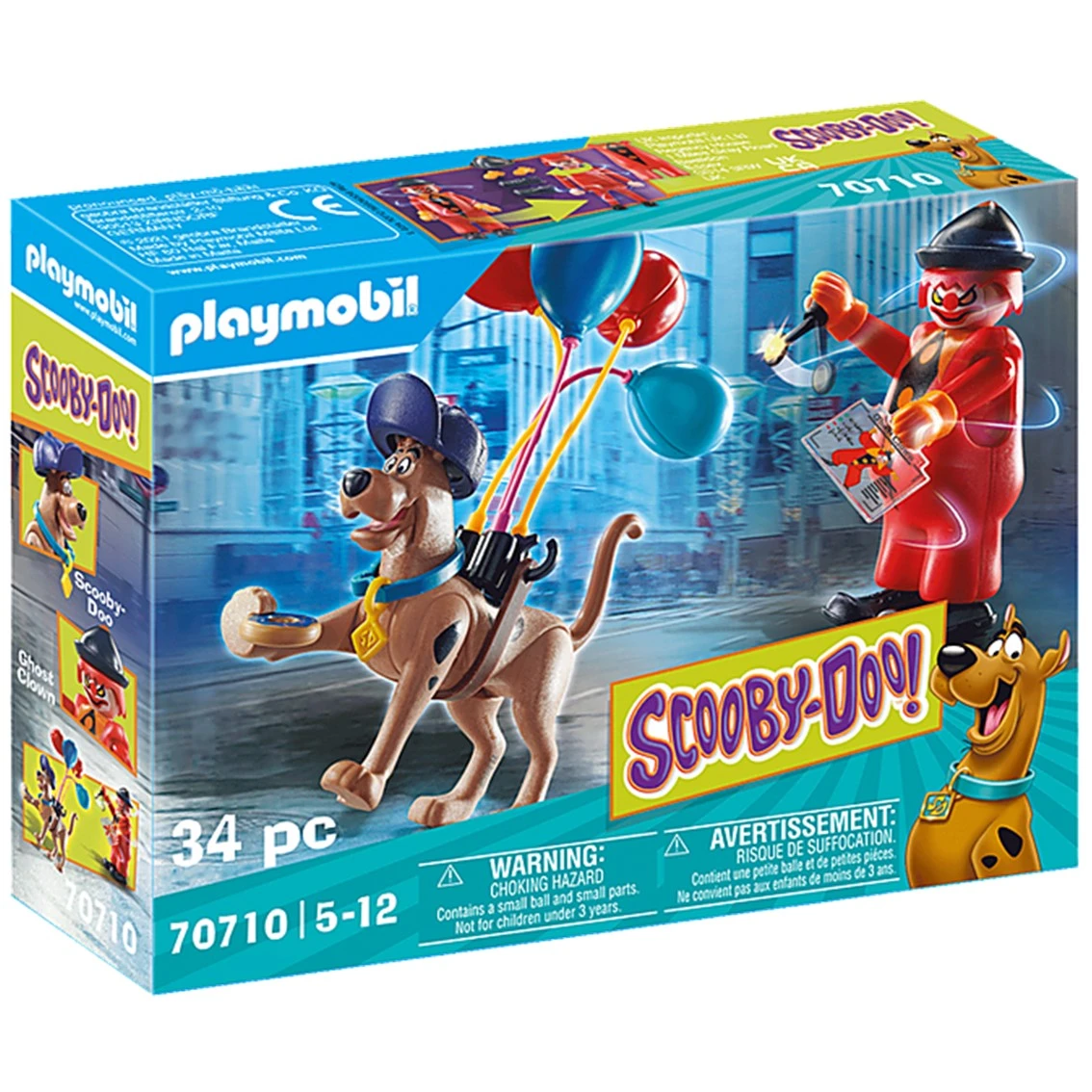 Playmobil Scooby-Doo-Box-Set. Scooby-Doo-Figur mit Ballons, eine rot gekleidete Figur und das Scooby-Doo-Logo sind zu sehen.
