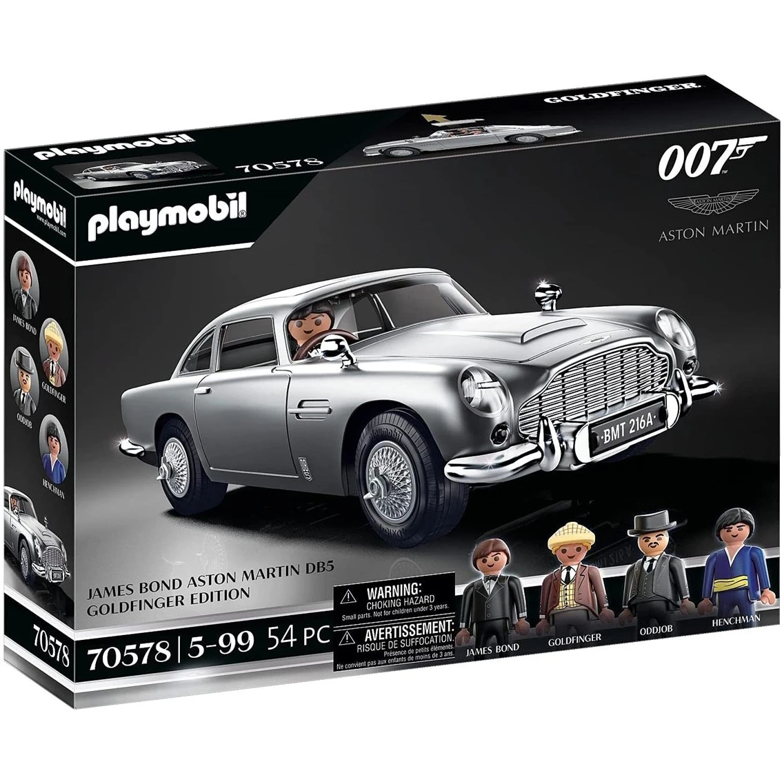 A Playmobil set featuring a silver Aston Martin DB5 from James Bond Goldfinger edition, with figures of Bond and other characters.
