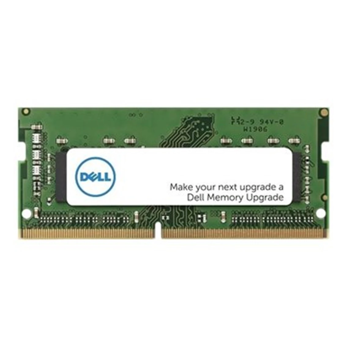 Un module RAM vert avec le logo Dell et le texte 'Make your next upgrade a Dell Memory Upgrade' sur un autocollant blanc.
