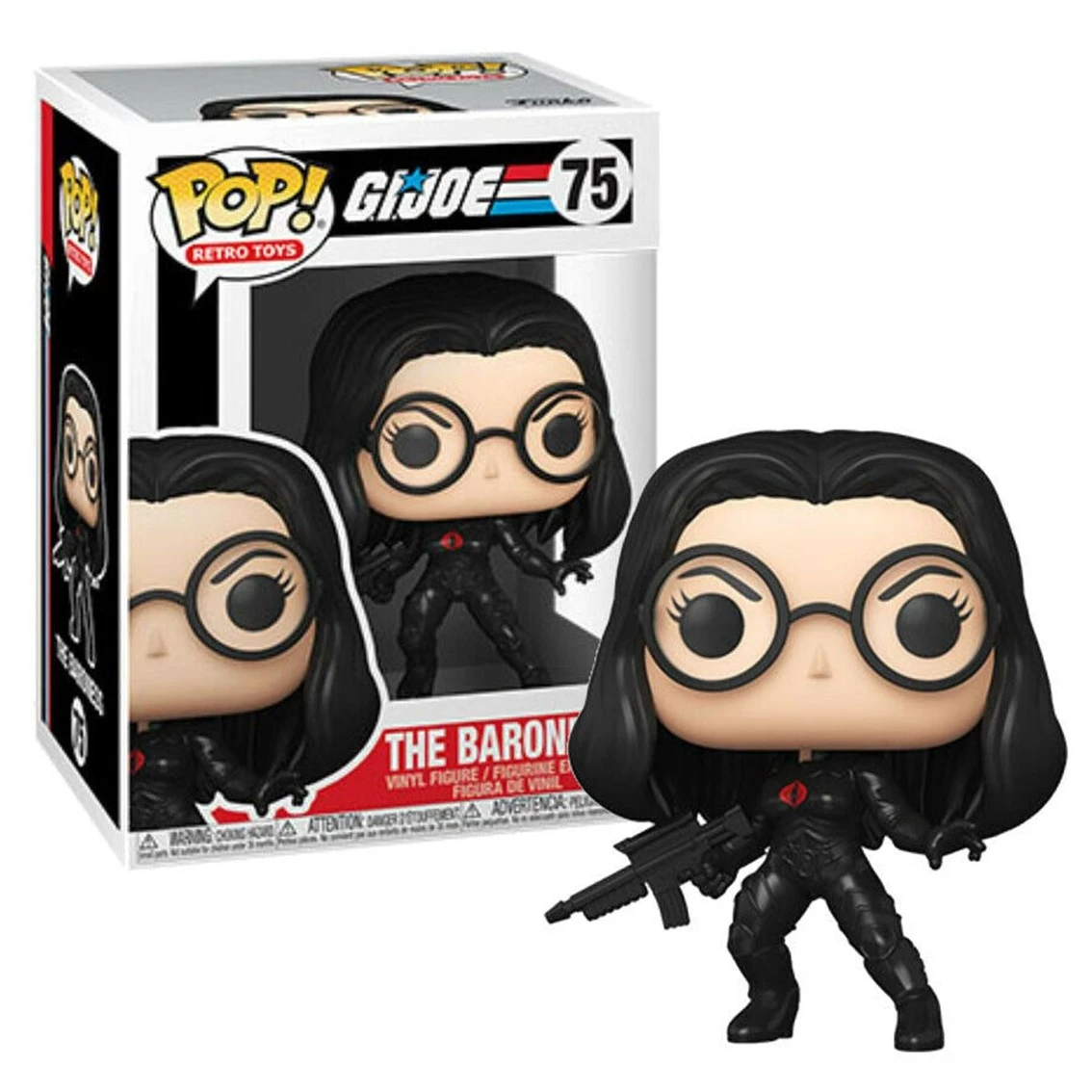 Eine Funko Pop-Figur von Baroness aus G.I. Joe. Sie trägt eine Brille, einen schwarzen Anzug und hält eine Waffe. Die Figur ist in ihrer Verpackung.