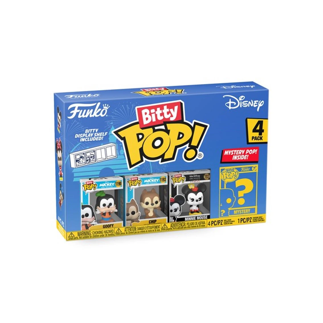 Zestaw pudełek Disney Bitty Pop. Zawiera figurki Goofy'ego, Chipa i Myszki Minnie. Pudełko jest niebieskie i żółte.