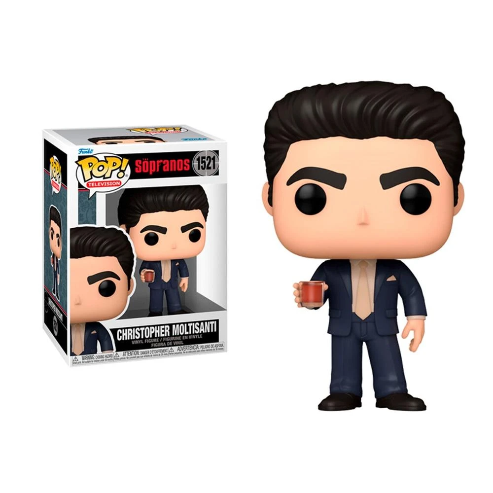 Figura Funko Pop di Christopher Moltisanti de I Soprano, con un drink in mano. Figura in scatola a sinistra e la figura stessa a destra.
