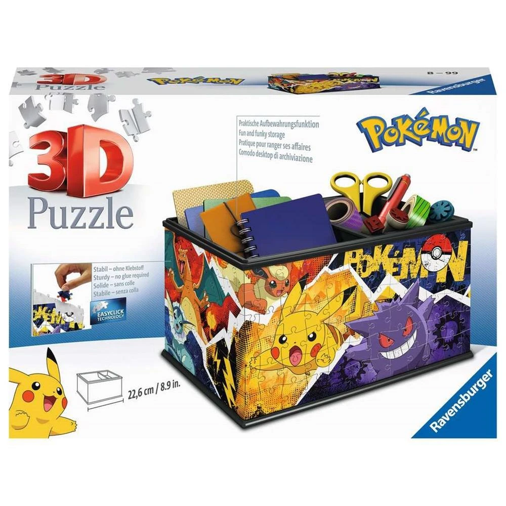 Pudełko do przechowywania puzzli 3D Pokemon. Ma obrazy Pikachu, Charizarda i Gengara. Zawiera notatniki, nożyczki i artykuły papiernicze.