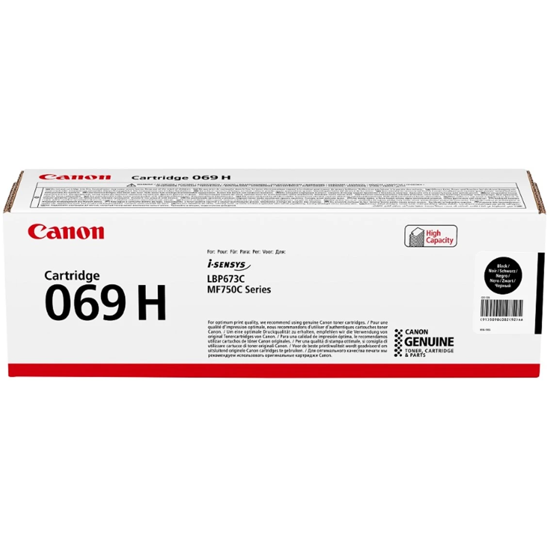 Pudełko Canon Cartridge 069 H. Czarne i czerwone kolory, tekst w wielu językach. Duża pojemność, wkład z tonerem.