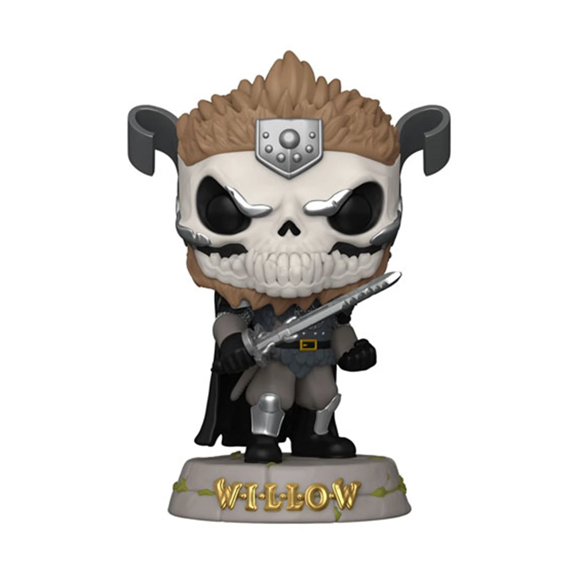 Una figura Funko Pop di Willow. Ha una faccia a forma di teschio, che tiene una spada. Si trova su una base con la scritta WILLOW.