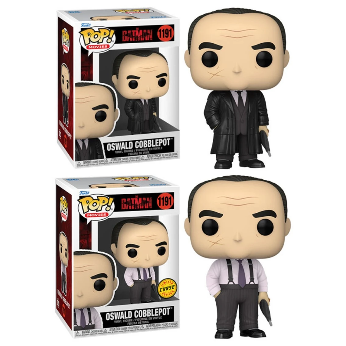 Due figure Funko POP! di Oswald Cobblepot in scatole. Uno con cappotto nero, uno con camicia bianca con cravatta e bretelle viola.