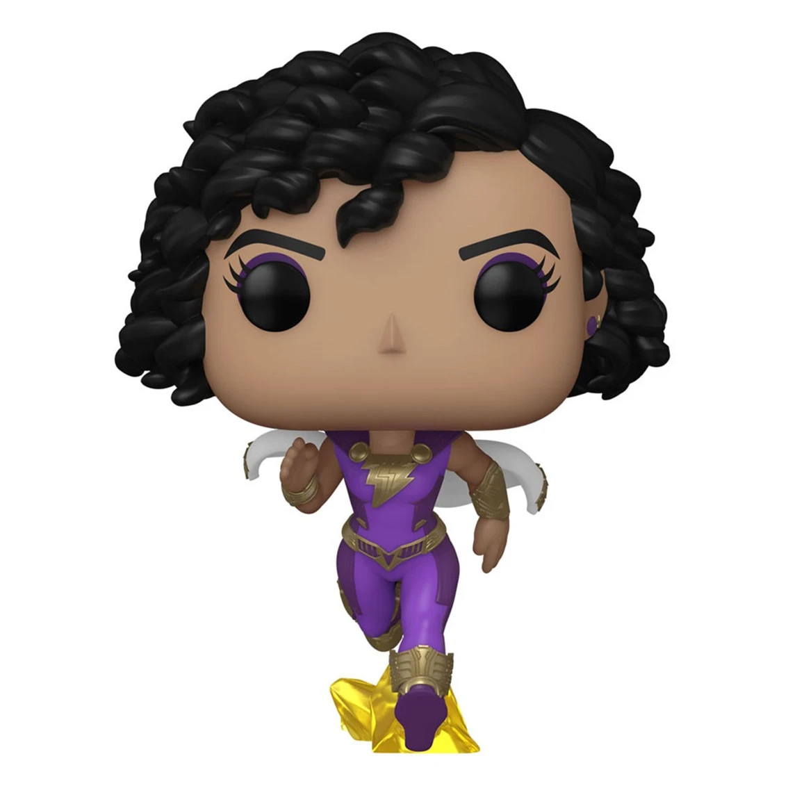 Eine Funko Pop-Figur einer Superheldin in lila und goldenem Kostüm. Sie rennt auf einer goldenen Sternbasis mit schwarzen Locken.
