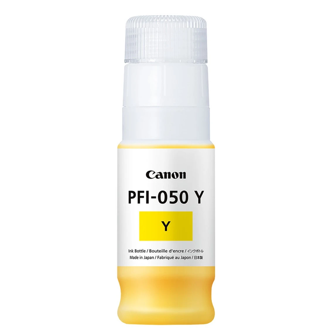 Een Canon inktfles, PFI-050 Y, met gele inkt zichtbaar. Het etiket zegt 'Y' en 'Ink Bottle'. Gemaakt in Japan.