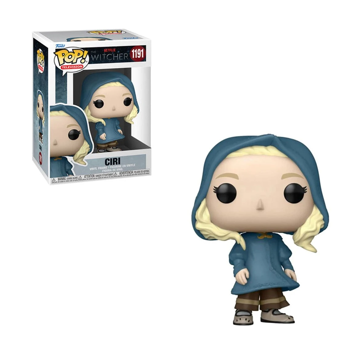 Figurka Funko Pop Ciri z Wiedźmina. Nosi niebieski płaszcz z kapturem i brązowe spodnie. Figurka jest w pudełku.