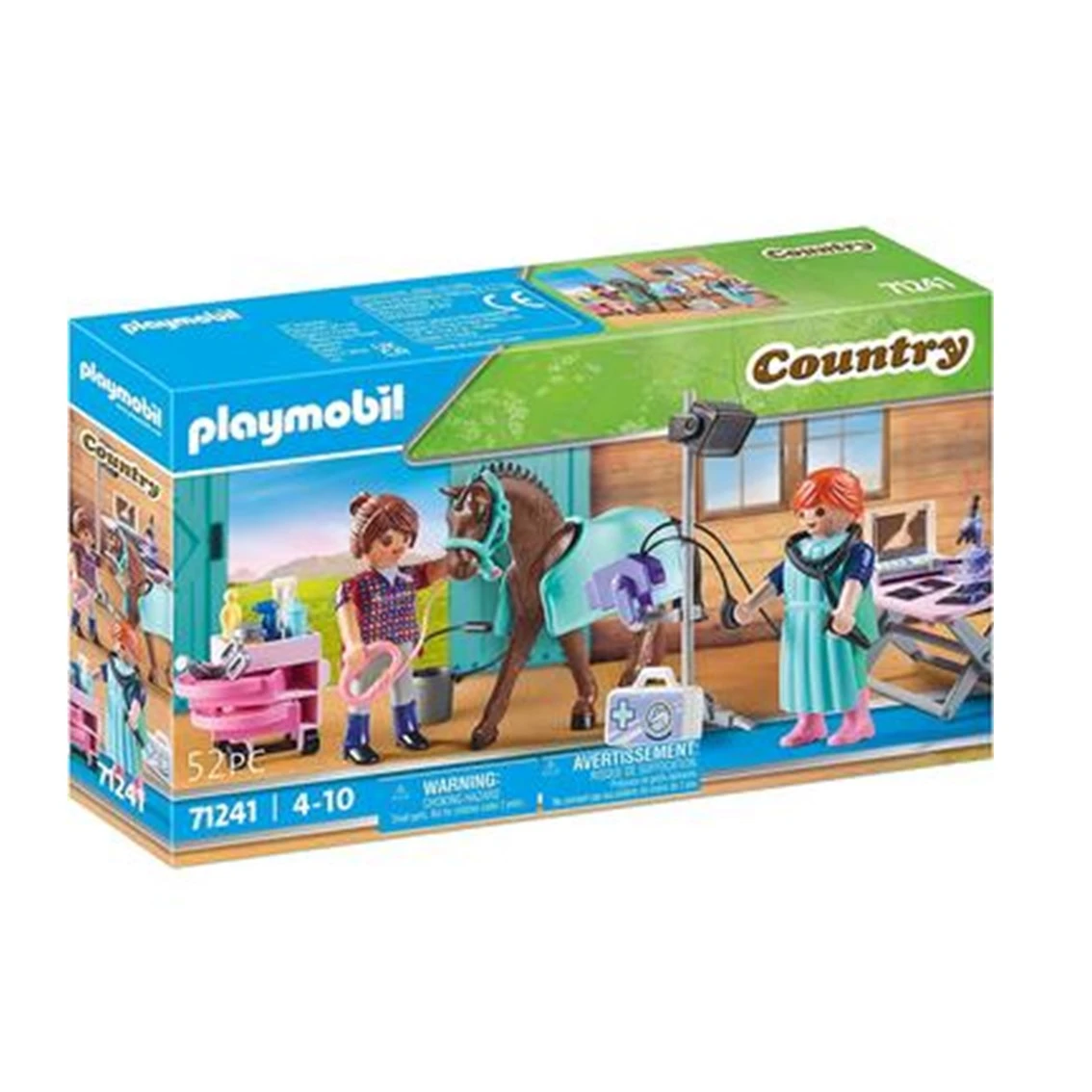 Playmobil-Box-Set. Es zeigt ein Pferd mit zwei Figuren, eine untersucht das Pferd. Es gibt medizinische Geräte und Zubehör.